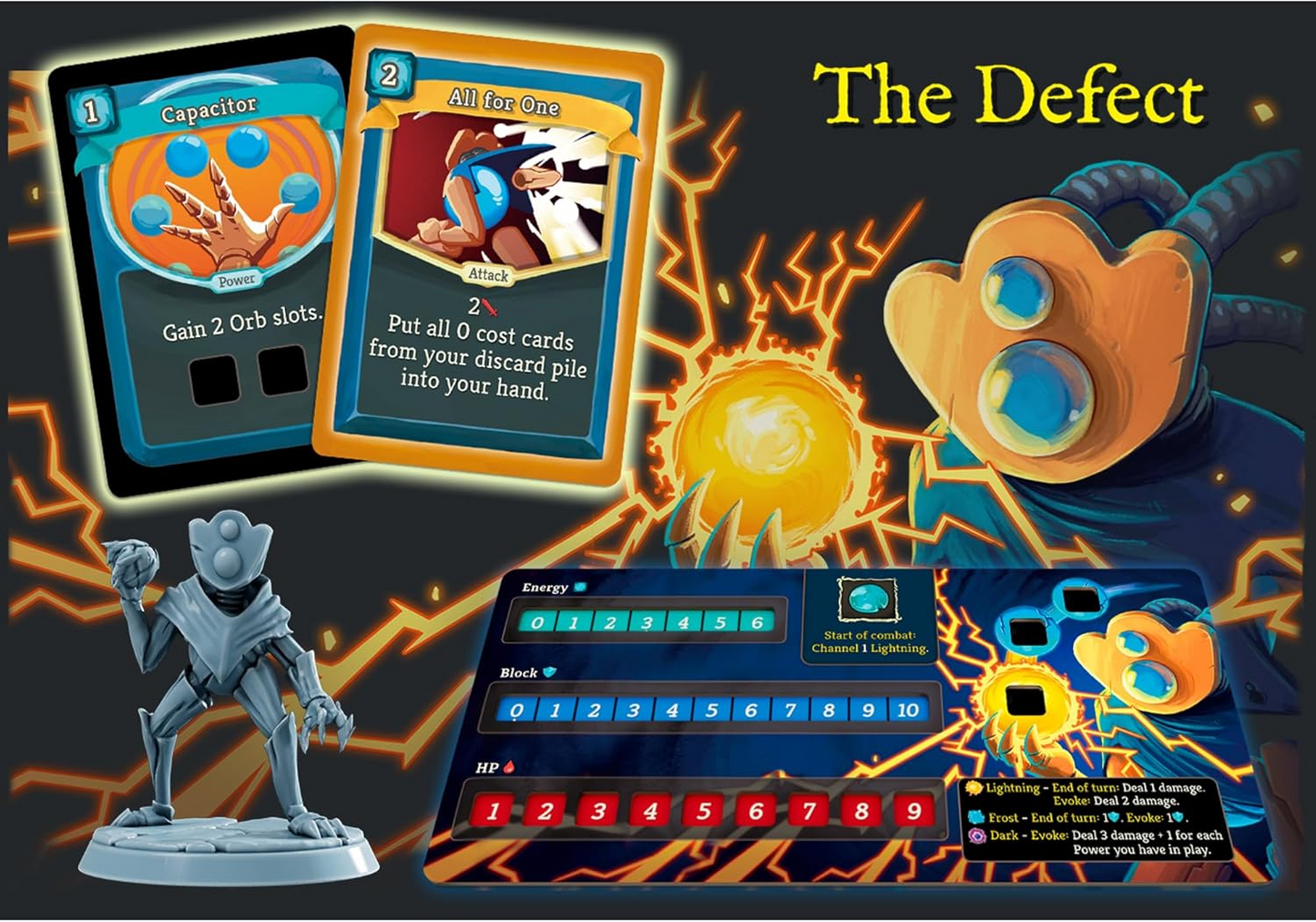 Slay the Spire board game – The Defect character board with miniature, attack and power cards, and lightning-themed components