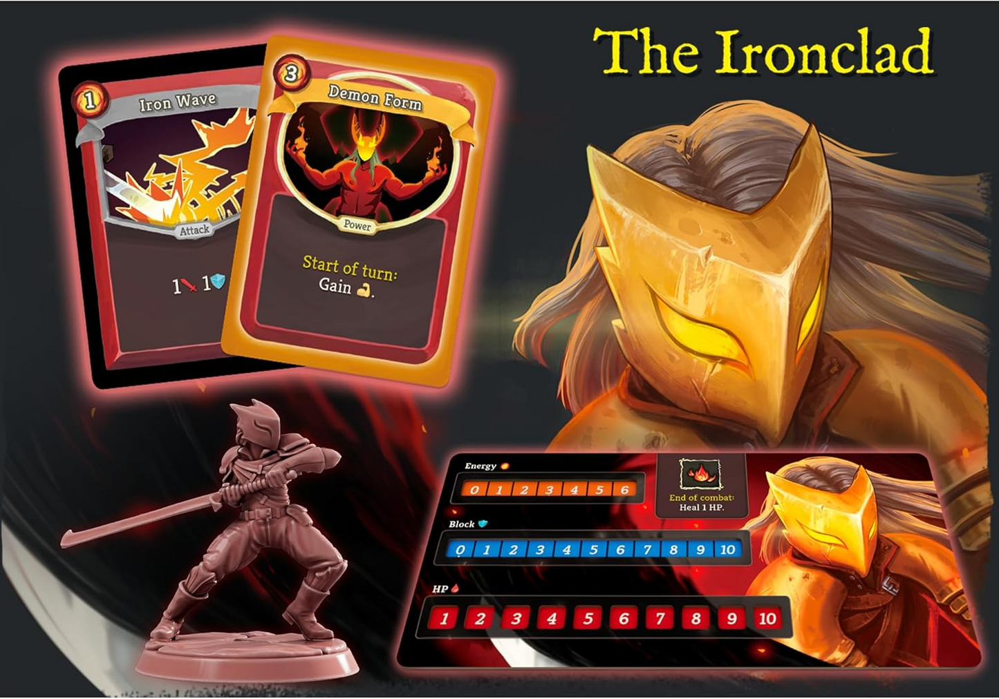 Slay the Spire board game – The Ironclad character board with miniature, strength-based ability cards, and HP regeneration tracker