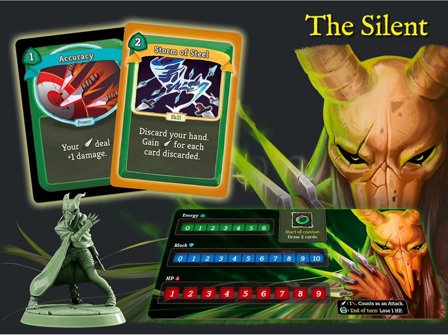 Slay the Spire board game – The Silent character board with miniature, throwing cards, and poison-themed ability set