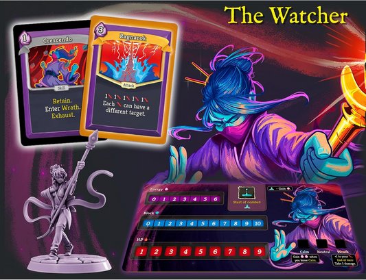 Slay the Spire board game – The Watcher character board with mini, ability cards, and energy tracker