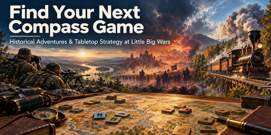 Compass Games blog banner featuring a sniper team, an apocalyptic battlefield, and a steam locomotive above a tabletop strategy map, with the headline “Find Your Next Compass Game.”