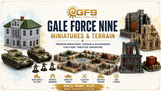 Gale Force Nine miniatures and terrain featuring tanks, infantry, buildings, gothic ruins, dungeon terrain, and tabletop gaming scenery