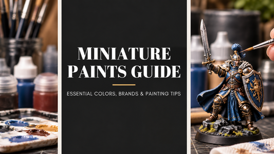 Miniature paints guide featuring a hand-painted fantasy warrior, paintbrushes, acrylic paints, and a mixing palette.